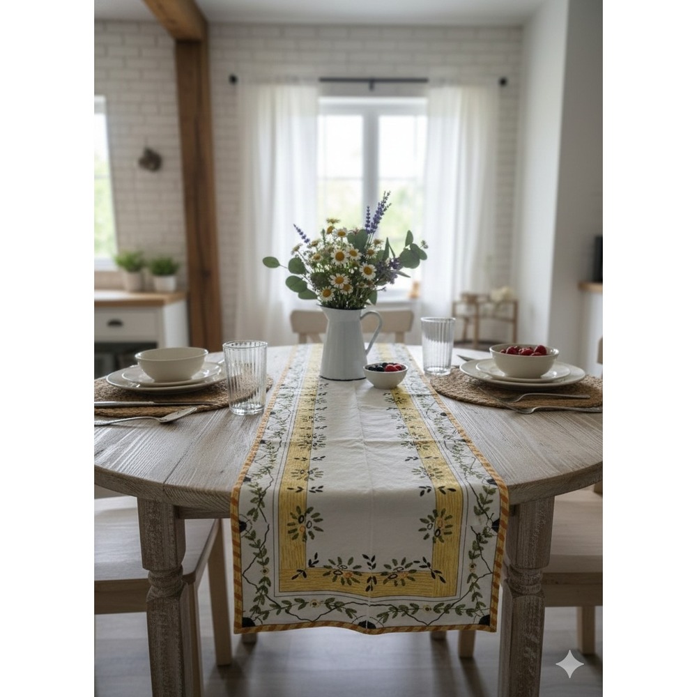 Park Imports Yellow Floral Hand Painted Cottagecore Table Runner Kitchen 48"